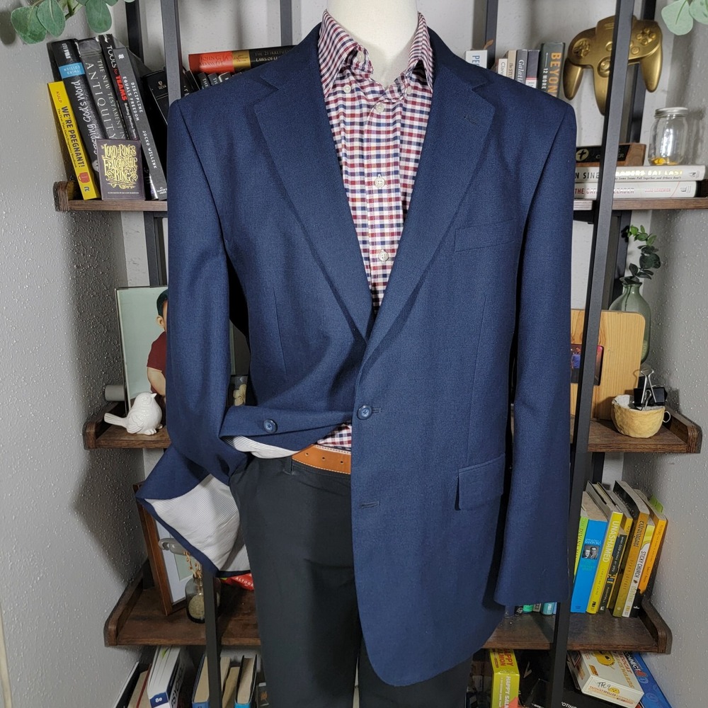Stafford Essentials Men's Sport Coat Blazer‎ Two Button Navy Blue Poly Blend 46L